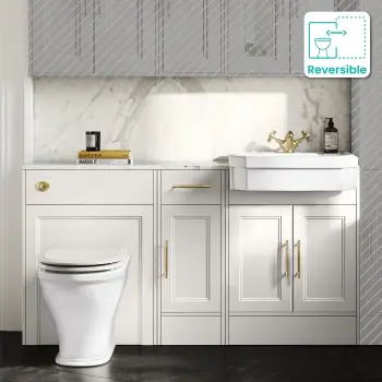 Monaco Cotton White Combination Vanity Traditional Basin with Marble Top & Kansas Toilet with Wooden Seat 1500mm - Brass Knurled Handles