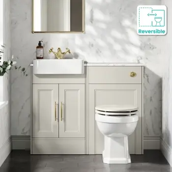 Monaco Linen White Combination Vanity Basin with Marble Top & Hudson Toilet with Wooden Seat 1000mm - Brass Knurled Handles