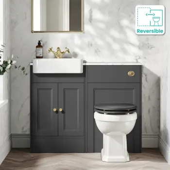 Monaco Slate Grey Combination Vanity Basin with Marble Top & Hudson Toilet with Wooden Seat 1000mm - Brushed Brass Accents