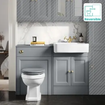 Monaco Dove Grey Combination Vanity Basin and Hudson Toilet with Wooden Seat 1200mm - Brushed Brass Accents