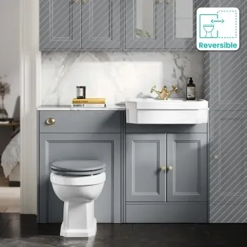 Monaco Dove Grey Combination Vanity Traditional Basin with Marble Top & Hudson Toilet with Wooden Seat 1200mm - Brushed Brass Accents