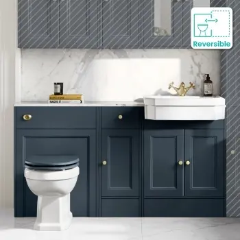 Monaco Inky Blue Combination Vanity Traditional Basin with Marble Top & Hudson Toilet with Wooden Seat 1500mm - Brushed Brass Accents