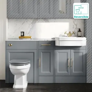 Monaco Dove Grey Combination Vanity Traditional Basin with Marble Top & Hudson Toilet with Wooden Seat 1500mm - Brass Knurled Handles