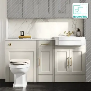 Monaco Chalk White Combination Vanity Traditional Basin with Marble Top & Hudson Toilet with Wooden Seat 1500mm - Brass Knurled Handles