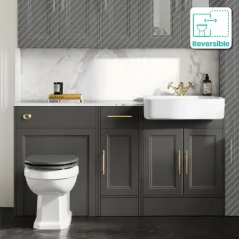 Monaco Graphite Grey Combination Vanity Basin with Marble Top and Hudson Toilet with Wooden Seat 1500mm - Brass Knurled Handles