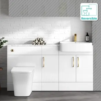 Harper Gloss White Combination Vanity Basin with Marble Top & Houston Toilet 1500mm - Brushed Brass Accents