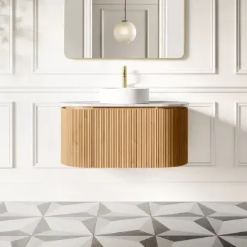 Positano Natural Oak Curved Wall Hung Vanity Drawer with Carrara Marble Top 1000mm - Basin Not Included