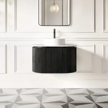 Positano Black Oak Curved Wall Hung Vanity Drawer with Carrara Marble Top 800mm - Basin Not Included