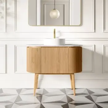Positano Natural Oak Curved Vanity Unit with Carrara Marble Top 1000mm - Basin Not Included