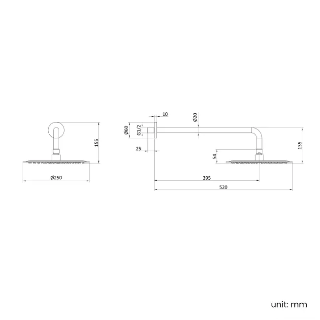Suir Chrome Shower Head 250mm with Wall Mounted Arm