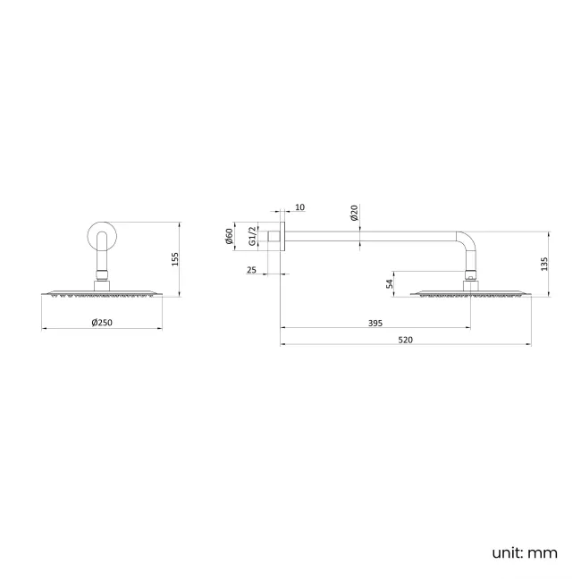 Suir Brushed Brass Shower Head 250mm with Wall Mounted Arm