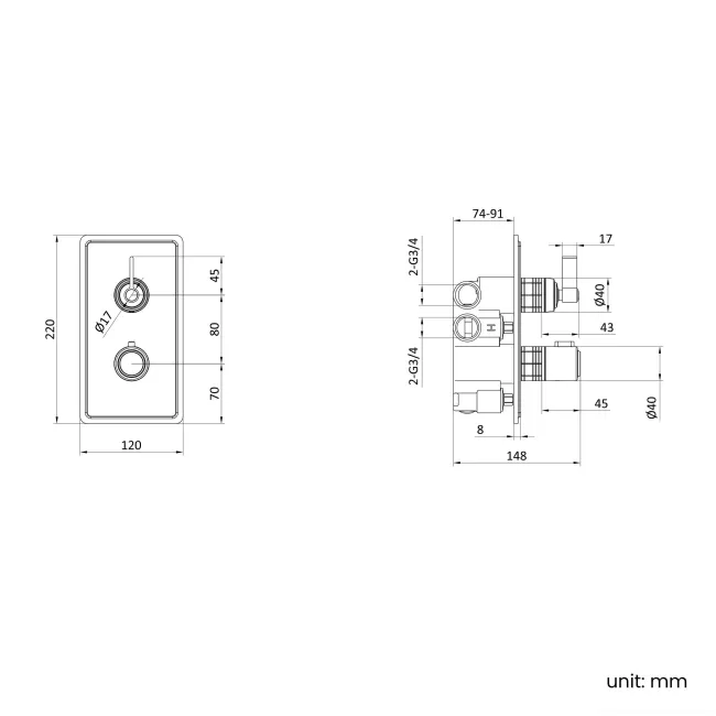 Corrib Premium Brushed Brass Thermostatic Shower Valve - 2 Outlet