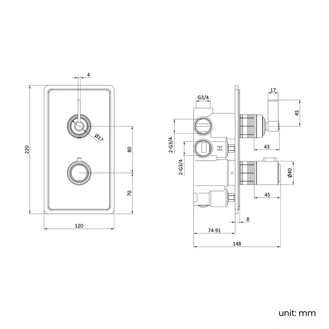Corrib Premium Brushed Copper Thermostatic Shower Valve - 3 Outlet