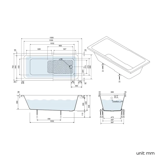 Antigua 1500x750 Keyhole Single Ended Bath