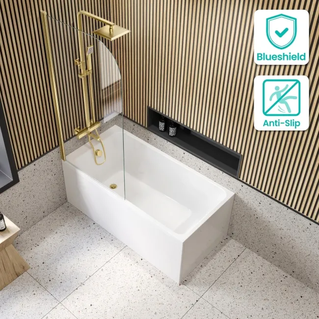 Witney 1400x700 Square Shower Bath & 6mm Easy Clean Brushed Brass Bath Screen