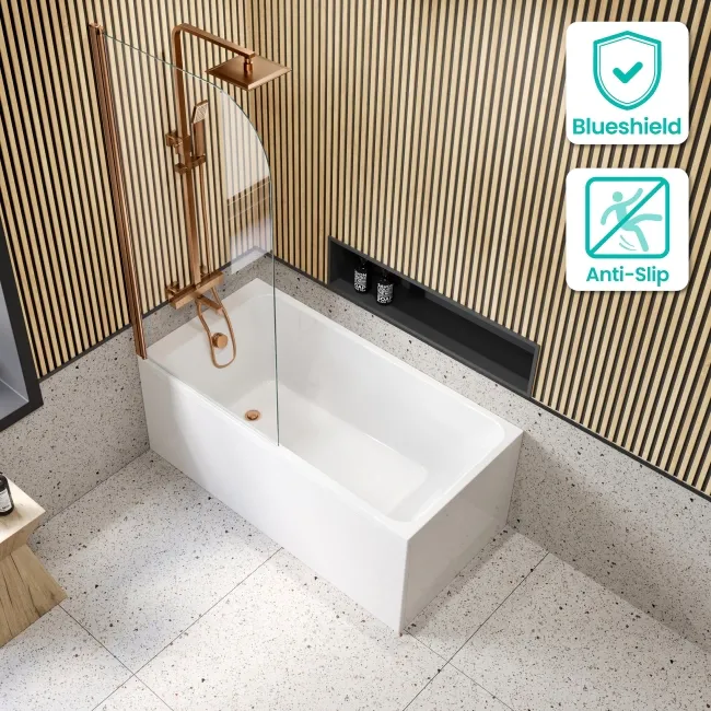 Witney 1400x700 Square Shower Bath & 6mm Easy Clean Brushed Copper Bath Screen