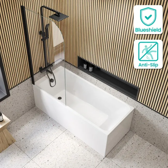 Witney 1500x700 Square Shower Bath & 6mm Easy Clean Matt Black Bath Screen