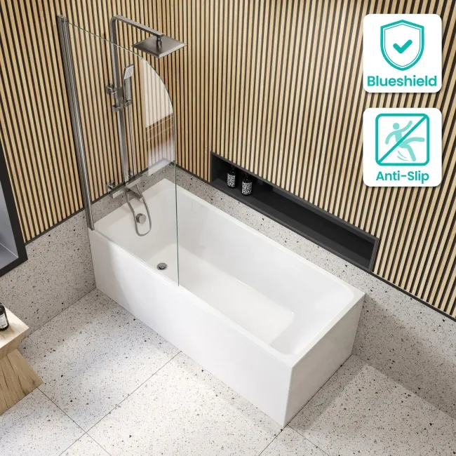 Witney 1500x700 Square Shower Bath & 6mm Easy Clean Brushed Gunmetal Bath Screen