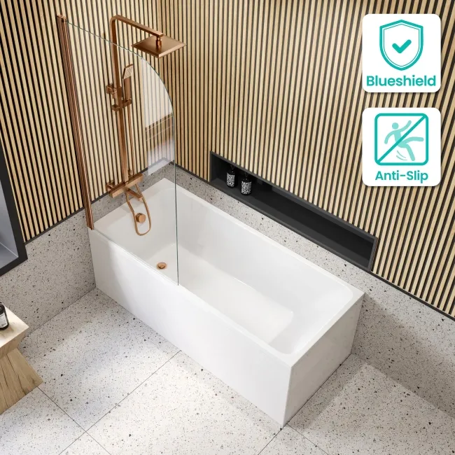 Witney 1600x700 Square Shower Bath & 6mm Easy Clean Brushed Copper Bath Screen