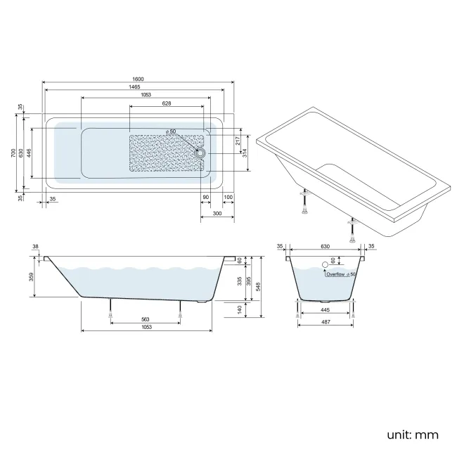 Witney 1600x700 Square Shower Bath & 6mm Easy Clean Brushed Copper Bath Screen