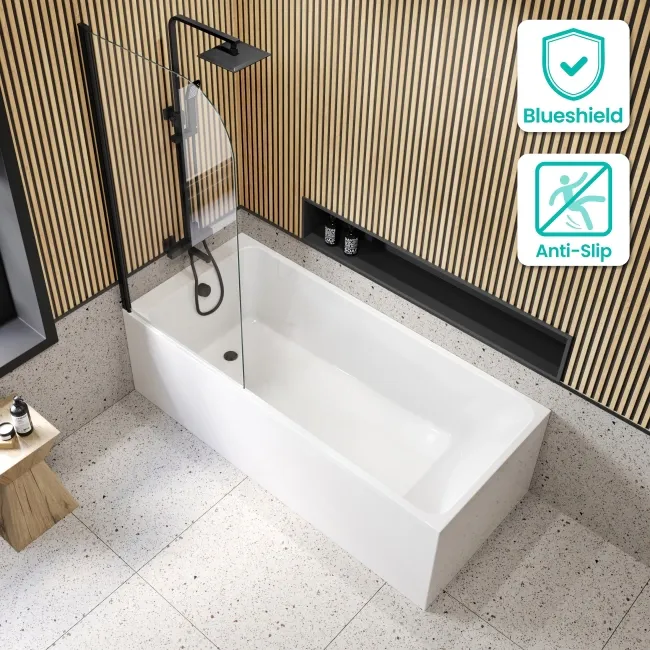 Witney 1800X800 Square Shower Bath & 6mm Easy Clean Matt Black Bath Screen