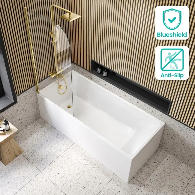 Witney 1800X800 Square Shower Bath & 6mm Easy Clean Brushed Brass Bath Screen