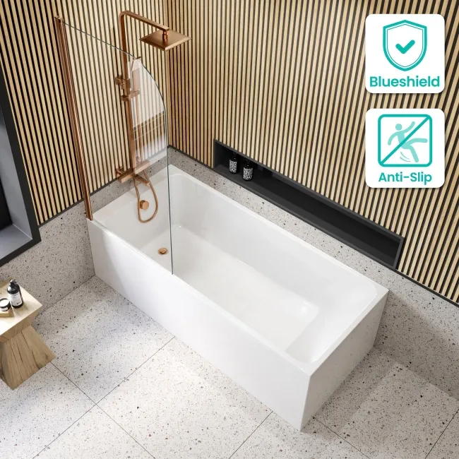 Witney 1800X800 Square Shower Bath & 6mm Easy Clean Brushed Copper Bath Screen
