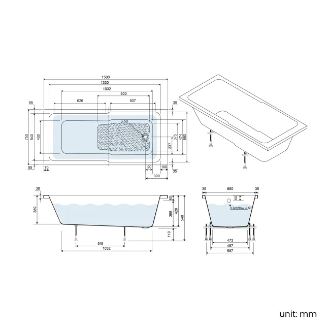 Antigua 1500x750 Keyhole Shower Bath & 6mm Easy Clean Brushed Copper Bath Screen