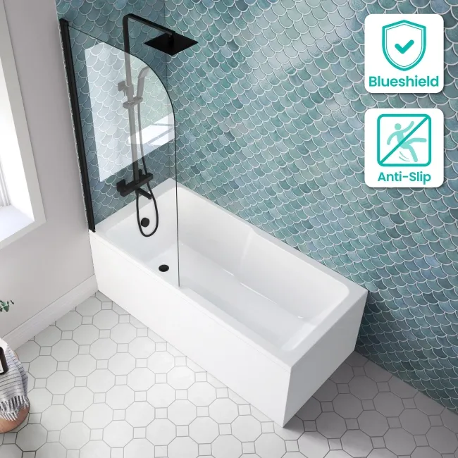 Antigua 1600x750 Keyhole Shower Bath & 6mm Easy Clean Matt Black Bath Screen