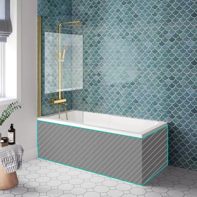 Antigua 1600x750 Keyhole Shower Bath & 6mm Easy Clean Brushed Brass Bath Screen