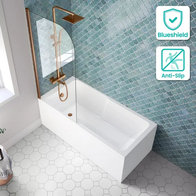 Antigua 1600x750 Keyhole Shower Bath & 6mm Easy Clean Brushed Copper Bath Screen