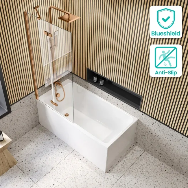 Witney 1400x700 Square Shower Bath & 6mm Easy Clean Brushed Copper Folding Bath Screen