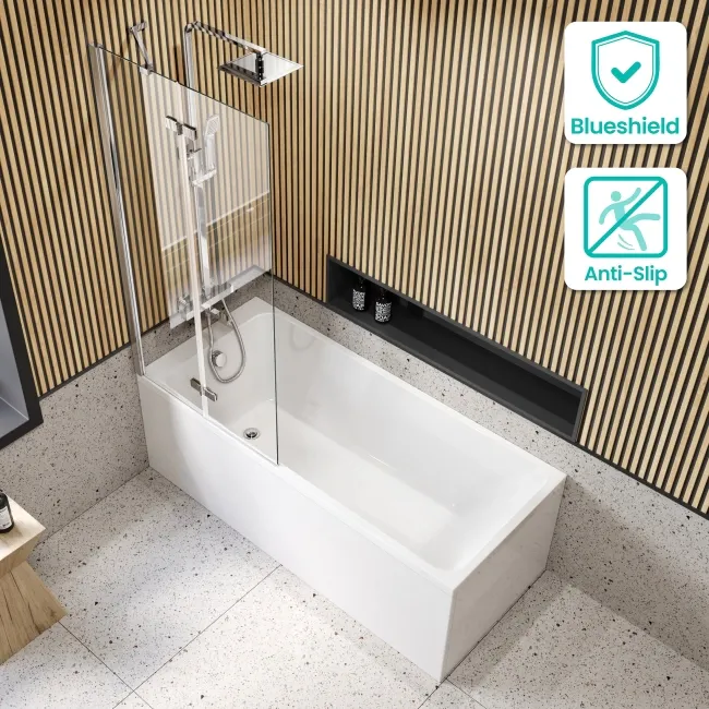 Witney 1500x700 Square Shower Bath & 6mm Easy Clean Chrome Folding Bath Screen