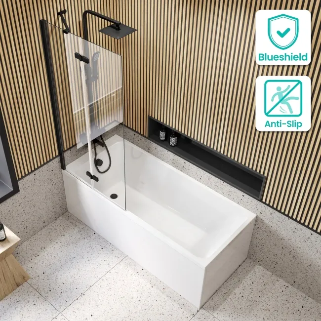 Witney 1500x700 Square Shower Bath & 6mm Easy Clean Matt Black Folding Bath Screen