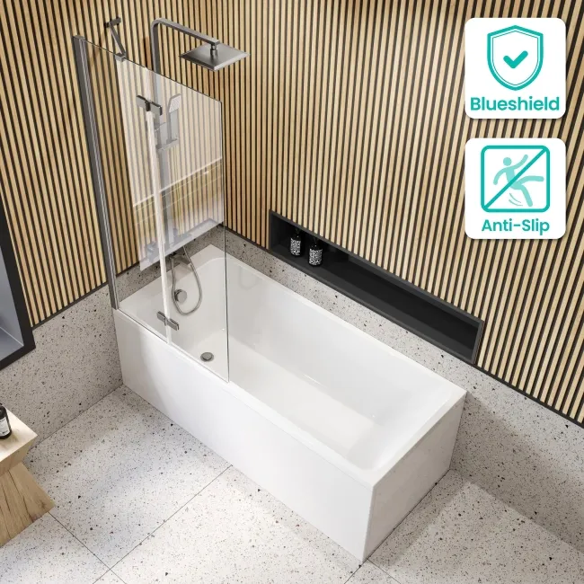 Witney 1500x700 Square Shower Bath & 6mm Easy Clean Brushed Gunmetal Folding Bath Screen