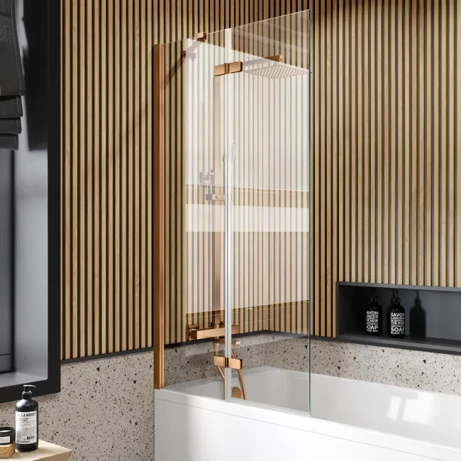 Witney 1500x700 Square Shower Bath & 6mm Easy Clean Brushed Copper Folding Bath Screen