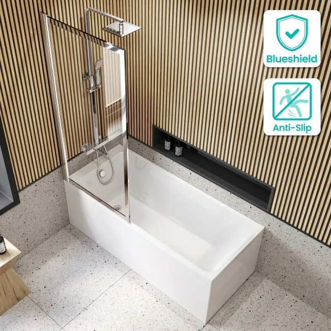 Witney 1600x700 Square Shower Bath & Premium 8mm Easy Clean Chrome Framed Bath Screen