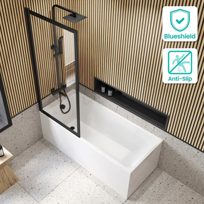 Witney 1600x700 Square Shower Bath & Premium 8mm Easy Clean Matt Black Framed Bath Screen