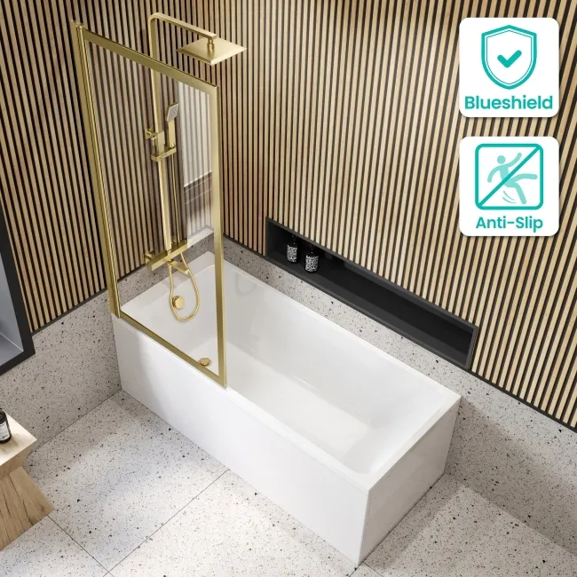 Witney 1600x700 Square Shower Bath & Premium 8mm Easy Clean Brushed Brass Framed Bath Screen