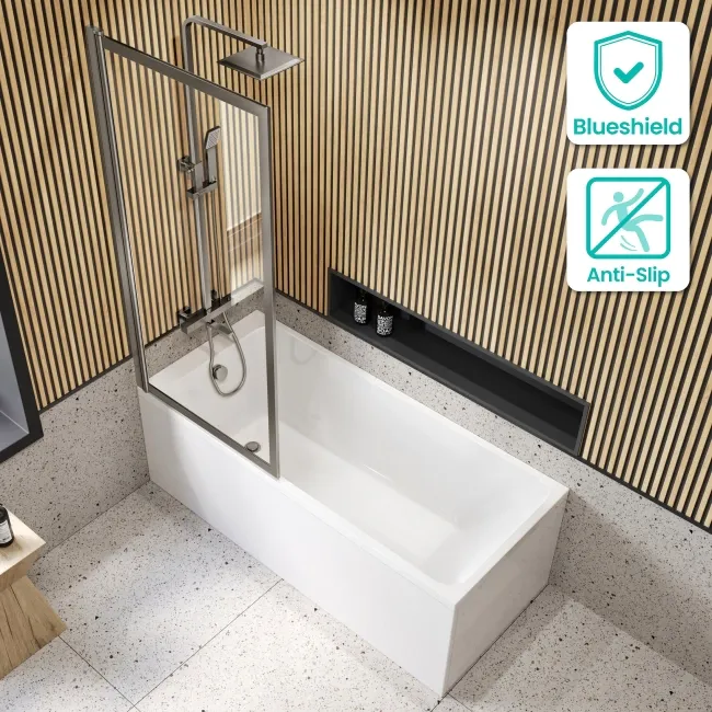 Witney 1600x700 Square Shower Bath & Premium 8mm Easy Clean Brushed Gunmetal Framed Bath Screen
