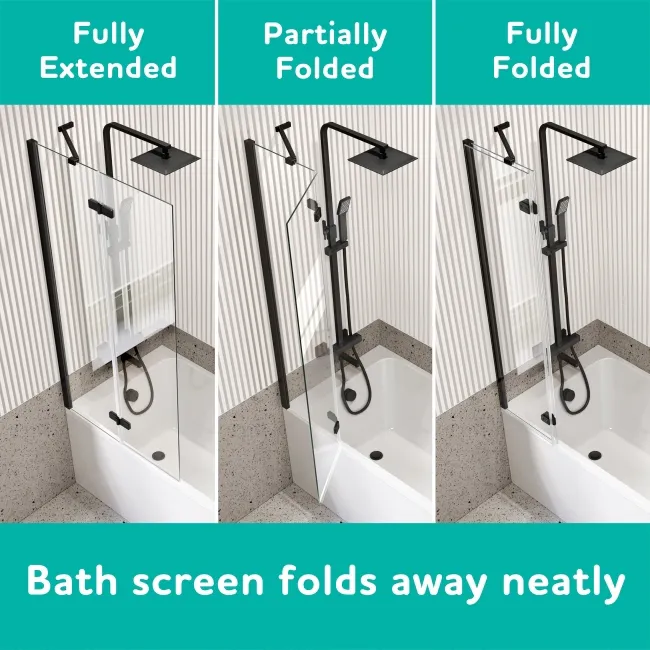 Witney 1600x700 Square Shower Bath & 6mm Easy Clean Matt Black Folding Bath Screen