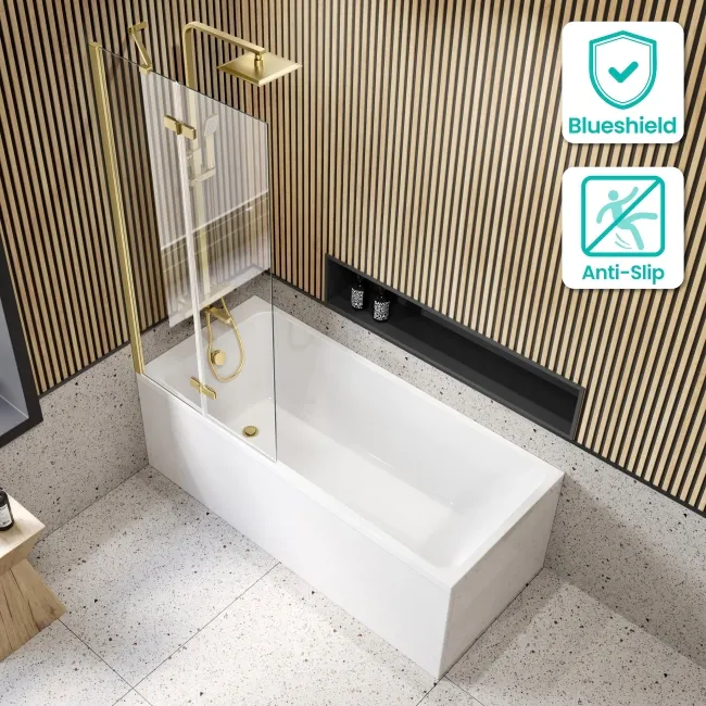 Witney 1600x700 Square Shower Bath & 6mm Easy Clean Brushed Brass Folding Bath Screen