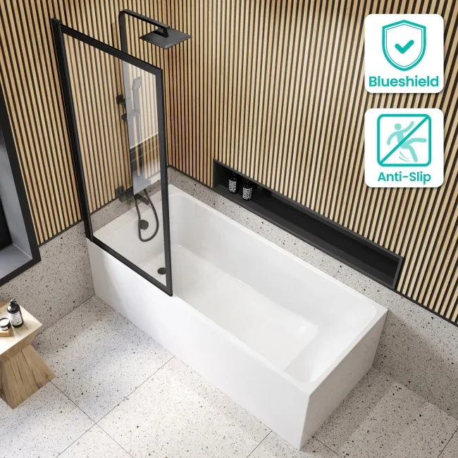 Witney 1700x700 Square Shower Bath & Premium 8mm Easy Clean Matt Black Framed Bath Screen