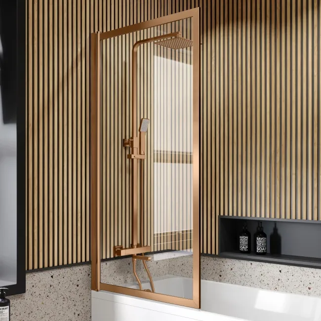 Witney 1700x700 Square Shower Bath & Premium 8mm Easy Clean Brushed Copper Framed Bath Screen
