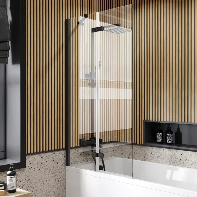 Witney 1700x700 Square Shower Bath & 6mm Easy Clean Matt Black Folding Bath Screen