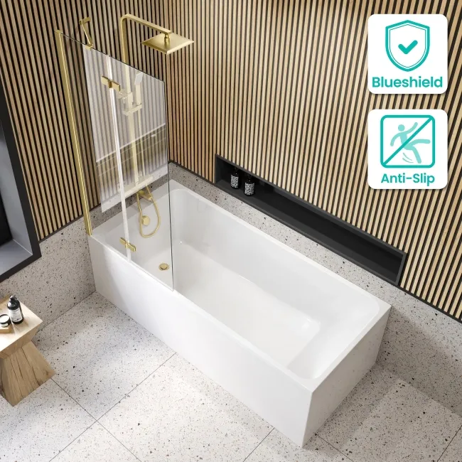 Witney 1700x700 Square Shower Bath & 6mm Easy Clean Brushed Brass Folding Bath Screen