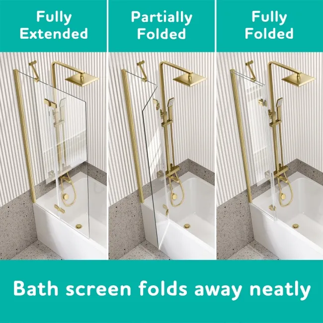 Witney 1700x700 Square Shower Bath & 6mm Easy Clean Brushed Brass Folding Bath Screen