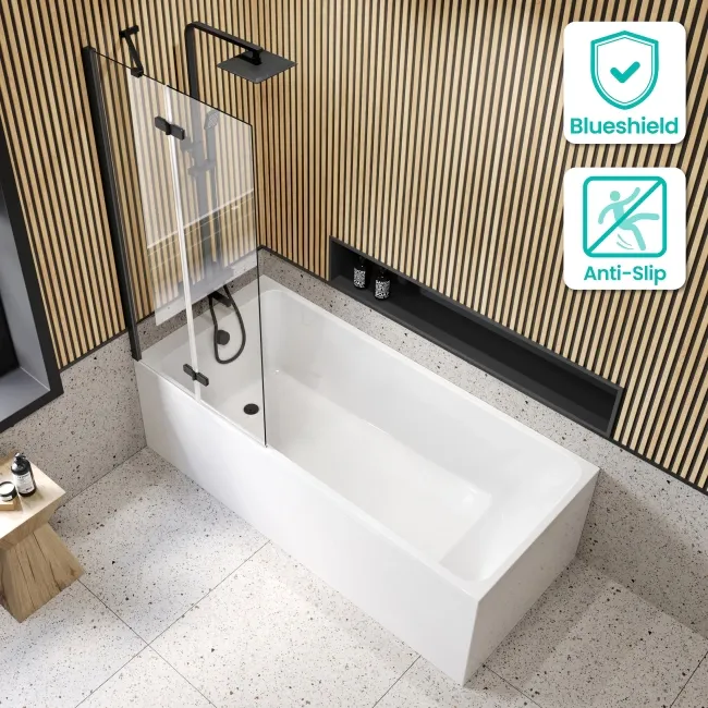 Witney 1800x800 Square Shower Bath & 6mm Easy Clean Matt Black Folding Bath Screen