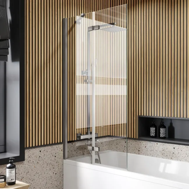 Witney 1800x800 Square Shower Bath & 6mm Easy Clean Brushed Gunmetal Folding Bath Screen