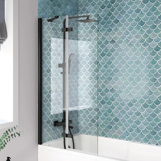 Antigua 1500x750 Keyhole Shower Bath & 6mm Easy Clean Matt Black Folding Bath Screen